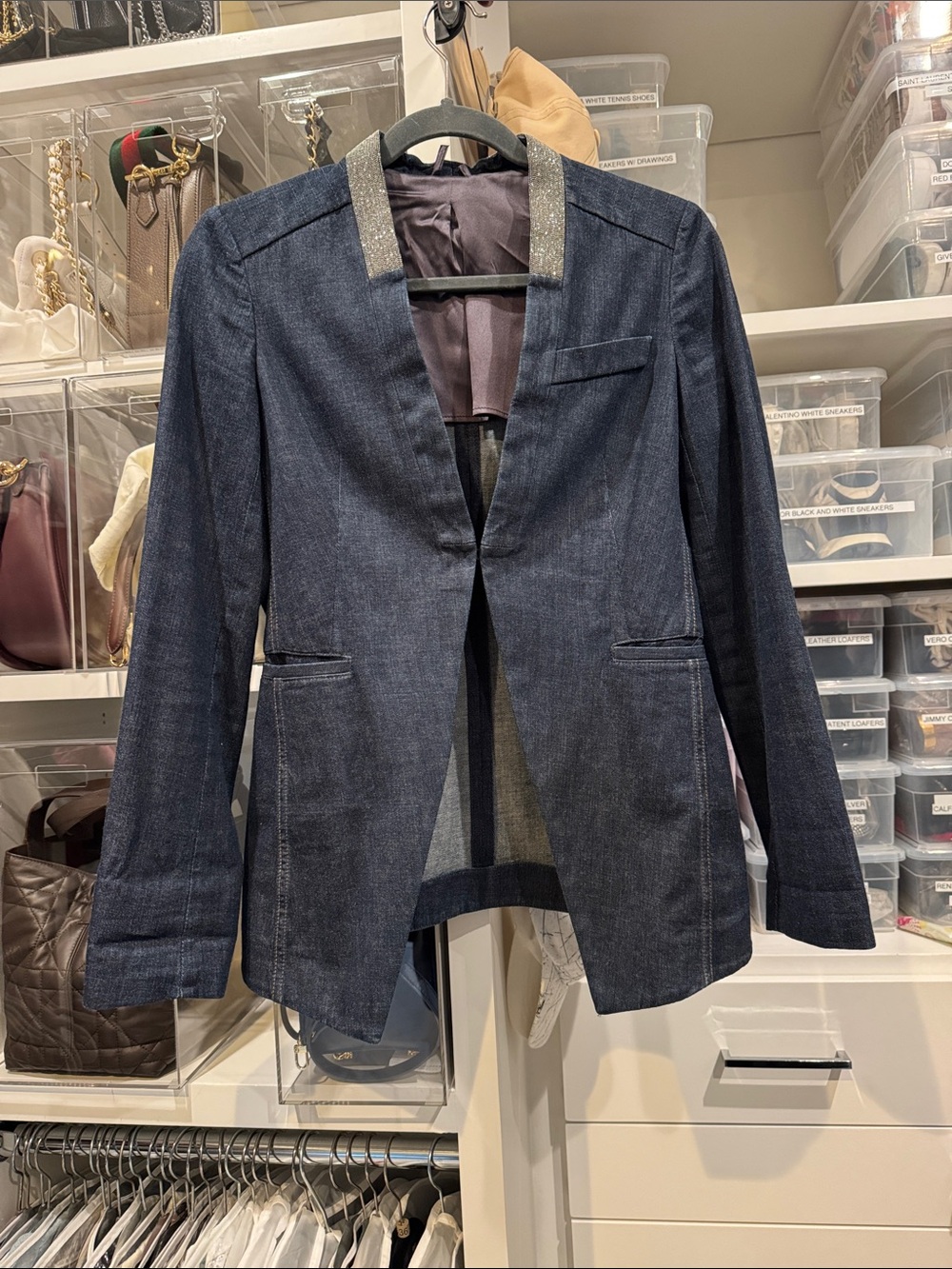 Brunello Cucinelli Dark Blue Denim Open Blazer with Metallic Collar